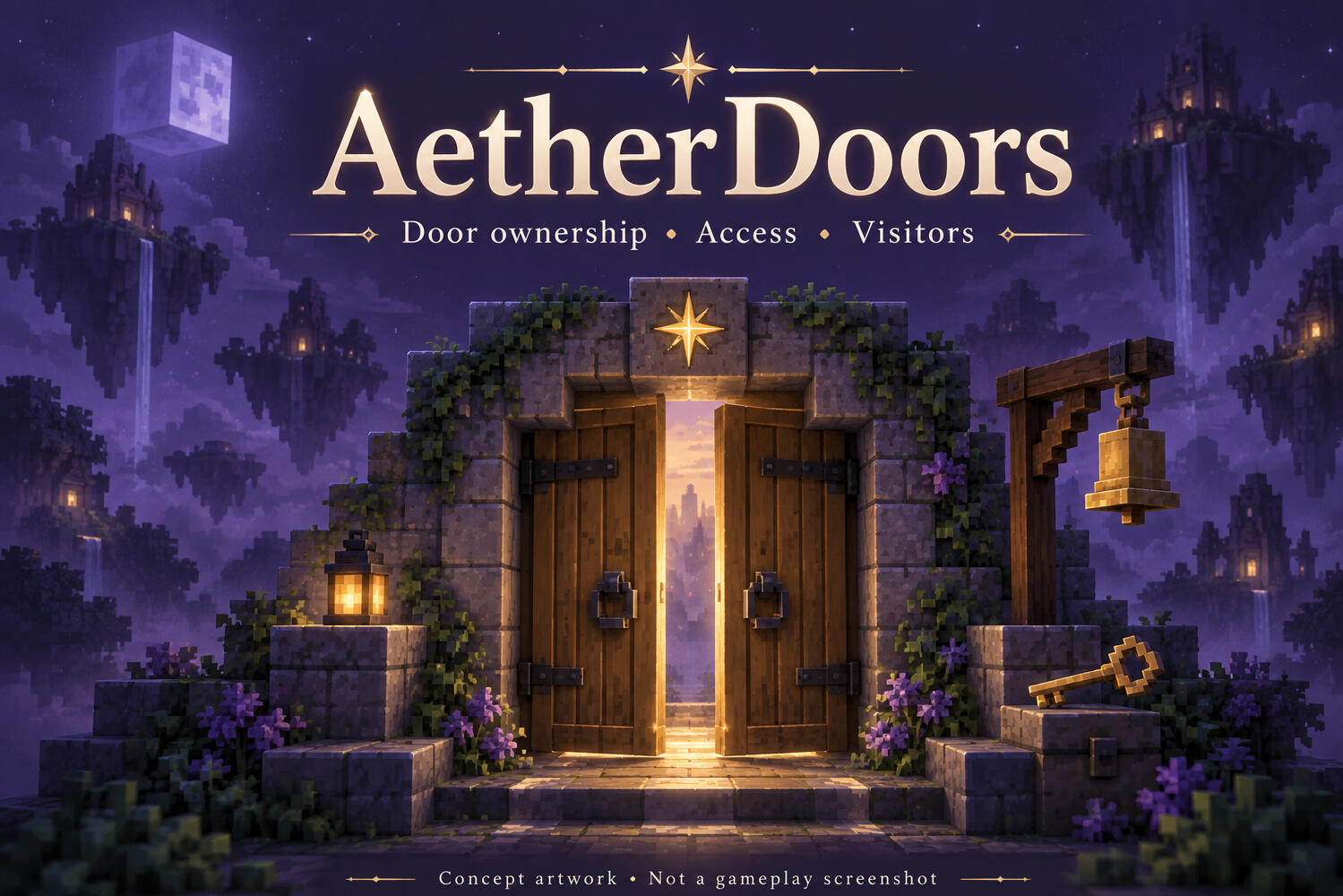 AetherDoors concept artwork showing wooden doors, a key and bell; not a gameplay screenshot